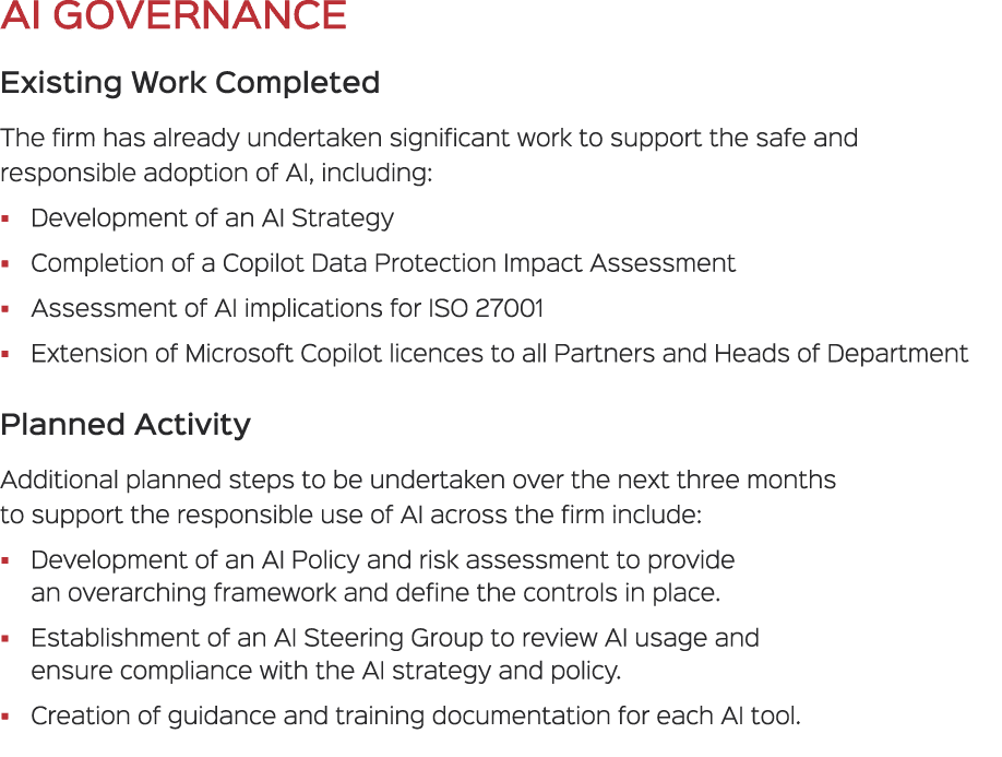 AI GOVERNANCE Existing Work Completed The firm has already undertaken significant work to support the safe and respon...
