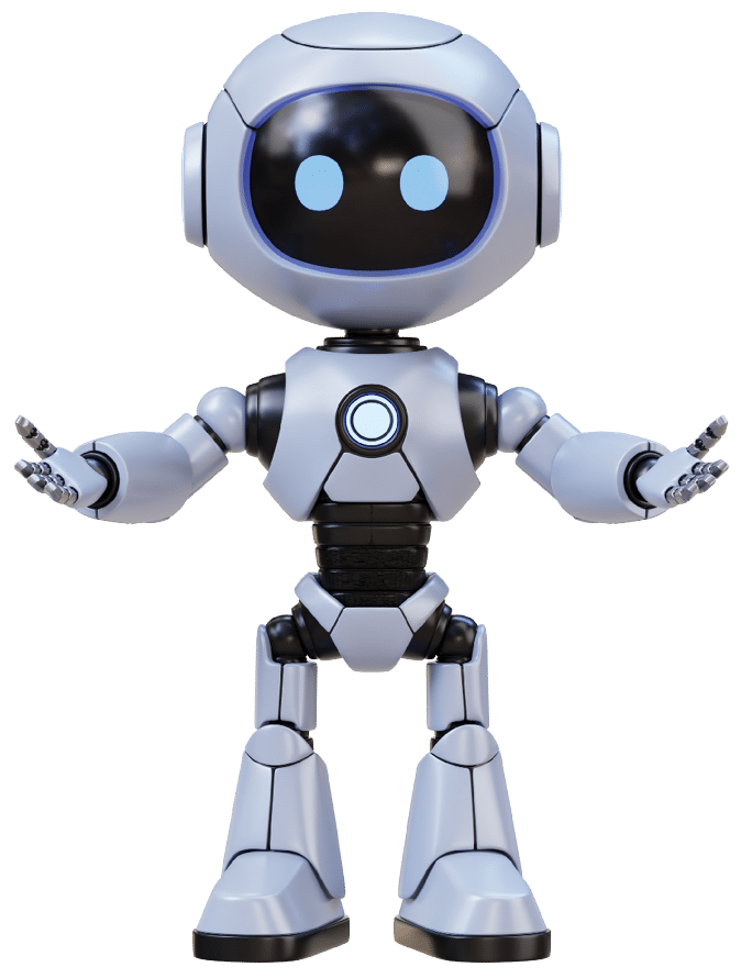 A friendly. stylized robot with glowing blue eyes and a smooth white exterior. depicted in multiple cheerful poses 3D render