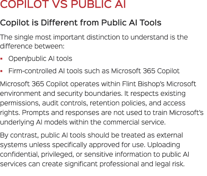 COPILOT VS PUBLIC AI Copilot is Different from Public AI Tools The single most important distinction to understand is...