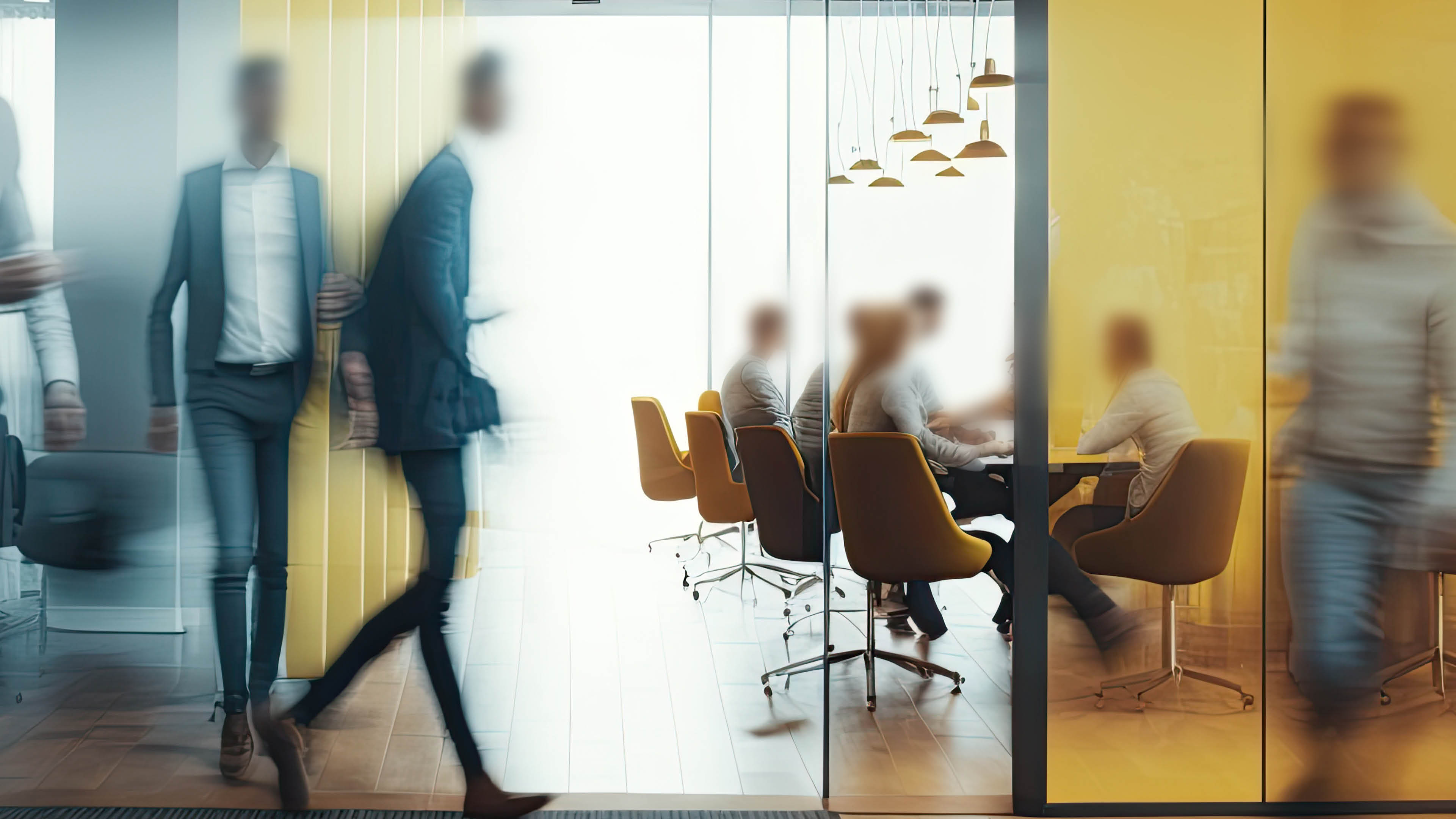 Blurred silhouettes of people in a coworking space or office space. Generative ai.