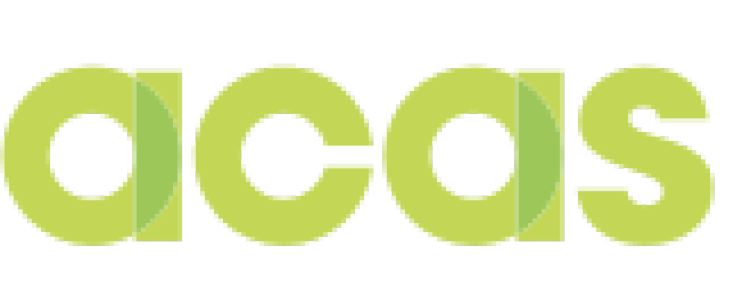 The logo features the letters “acas" in lime green followed by the phrase "working for everyone" in light gray lowercase letters. Description generated by AI