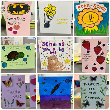A collage of nine colorful handmade cards featuring positive messages, cute animals, flowers, hearts, and playful drawings expressing gratitude, encouragement, and kindness. Description generated by AI