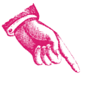 A vintage-style illustration of a hand pointing downward with the index finger extended and the other fingers curled. Description generated by AI