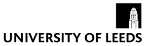 The University of Leeds logo features bold black text alongside a stylized black and white tower icon. Description generated by AI